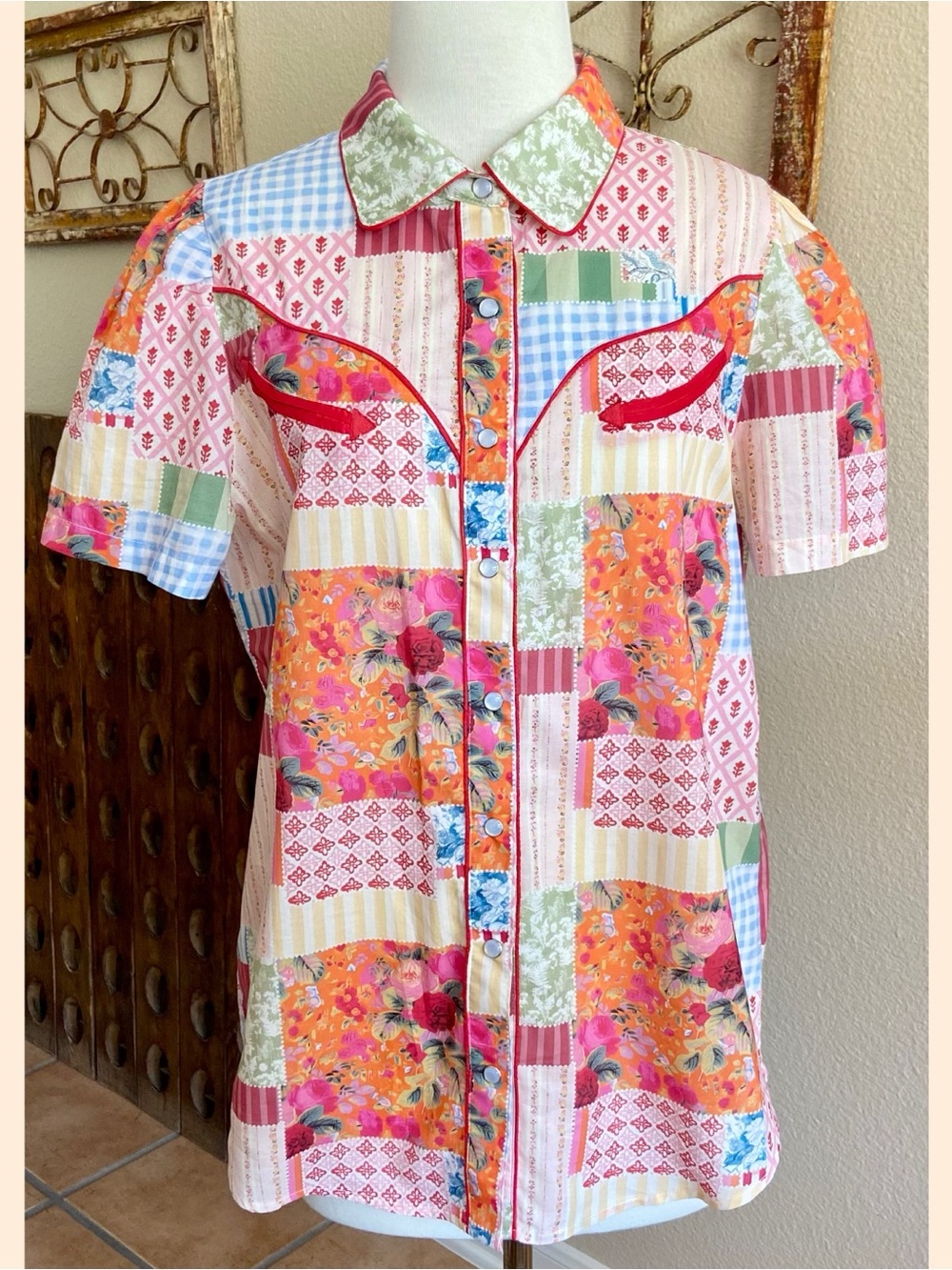 Top / Shirt - Howdy Hanny - Western - Button Down - Patchwork - Pearl Snap - L